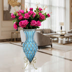 SOGA 67cm Blue Glass Tall Floor Vase and 12pcs Dark Pink Artificial Fake Flower Set
