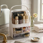 SOGA 3 Tier White Countertop Makeup Cosmetic Storage Organiser Skincare Holder Jewelry Storage Box with Handle