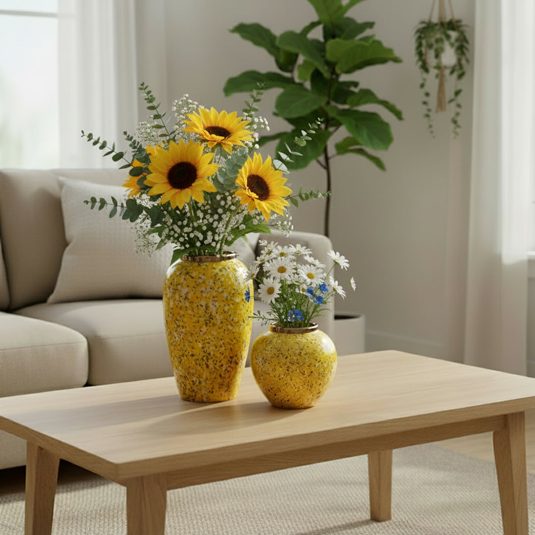 SOGA Home & Living Bundle – Yellow with White Mini Floral Ceramic Vases for Elegant Home Decor