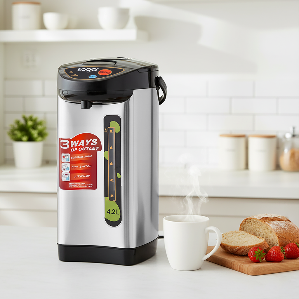 SOGA 4.2L Silver Stainless Steel Electric Thermal Pot Dispenser with 3 Dispensing Modes