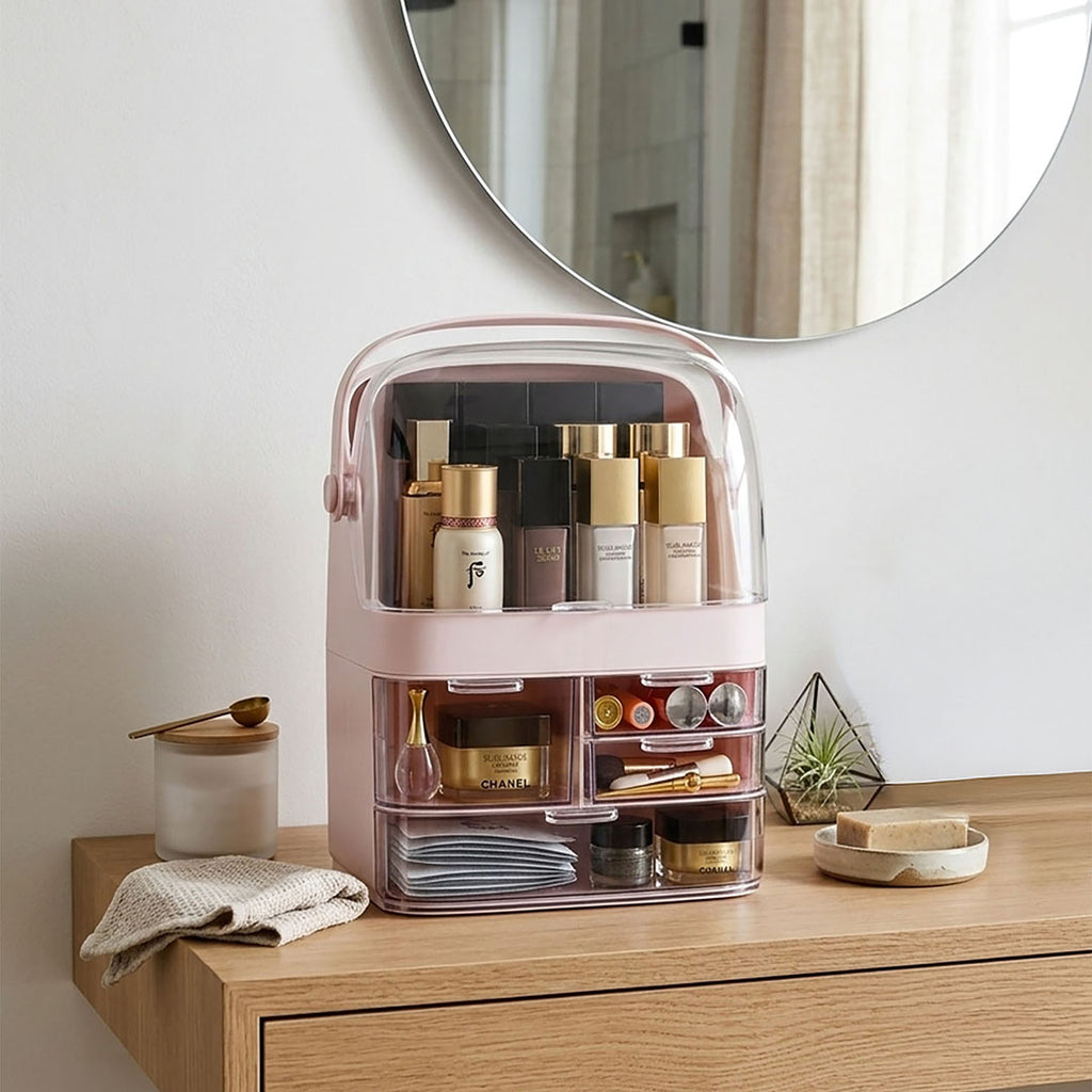SOGA 3 Tier Pink Countertop Makeup Cosmetic Storage Organizer Skincare Holder Jewelry Storage Box with Handle