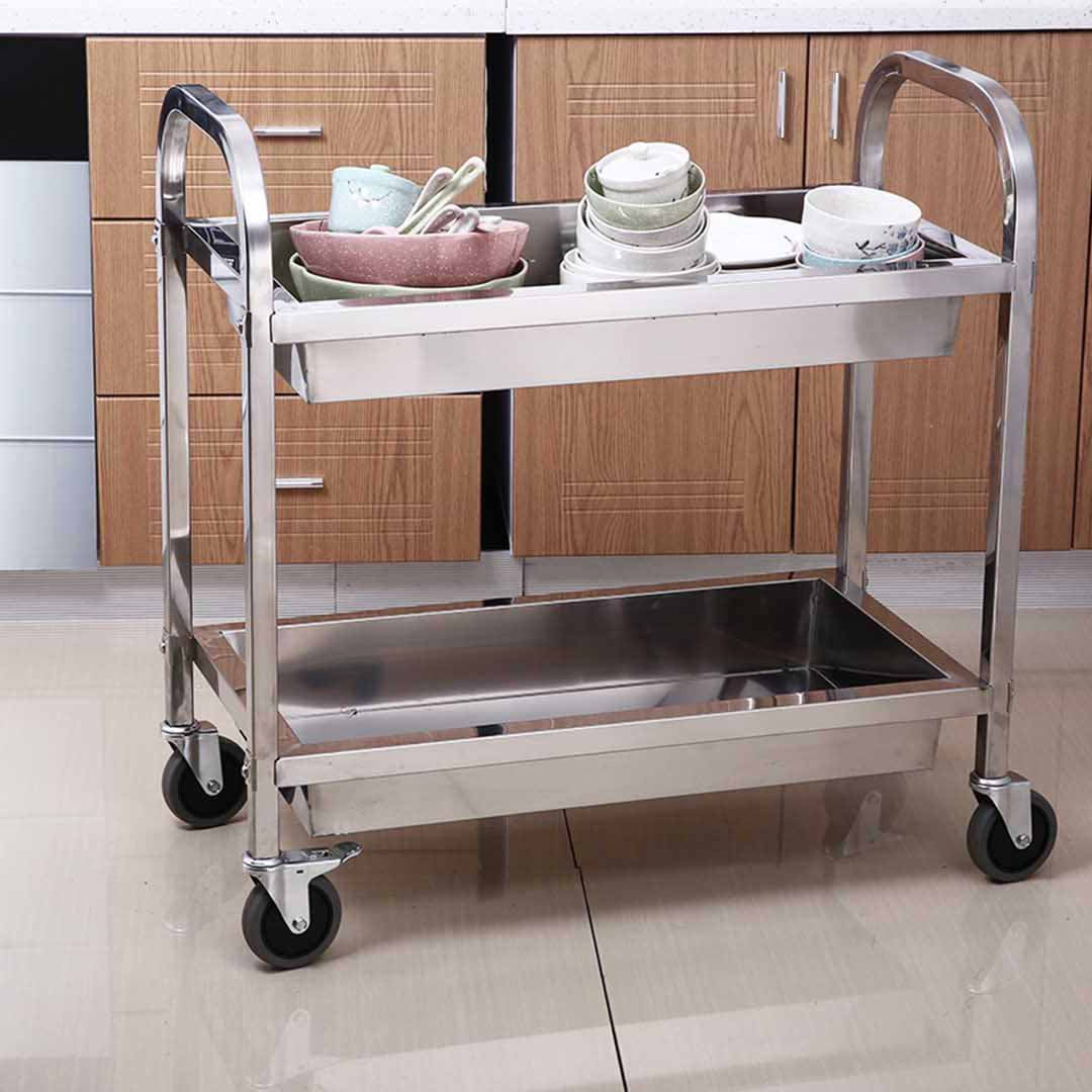 SOGA 2 Tier Stainless Steel Kitchen Trolley Bowl Collect Service FoodCart 95x50x95cm Large