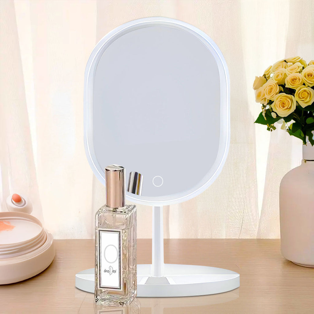 SOGA 2X 26cm White Oval Smart LED Makeup Bedroom Table Vanity Mirror Tricolor Adjustable Light