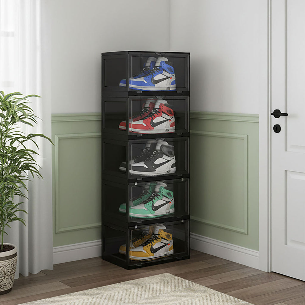 SOGA 5 Tier Black Portable Shoe Organiser Sneaker Footwear Folding Plastic Bin Stackable Storage Box with Magnetic Door