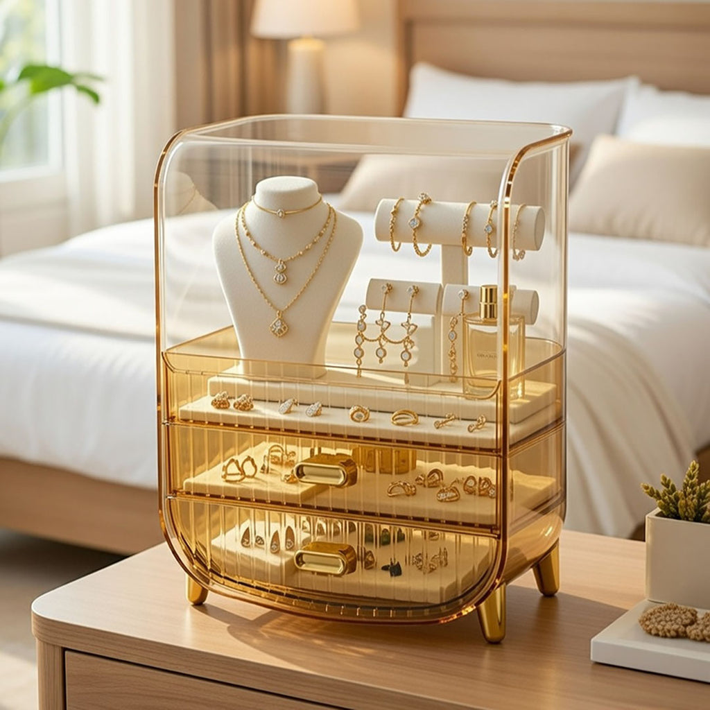 SOGA 2X 3 Tier Golden Yellow Multifunctional Countertop Cosmetic Storage Makeup Perfume Skincare Display Stand Shelf Drawer Type Organiser