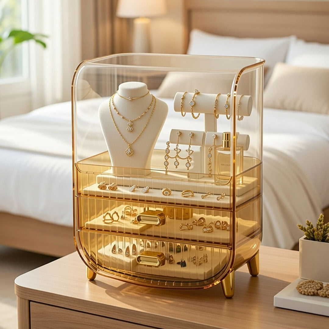 SOGA 2X 3 Tier Golden Yellow Multifunctional Countertop Cosmetic Storage Makeup Perfume Skincare Display Stand Shelf Drawer Type Organiser