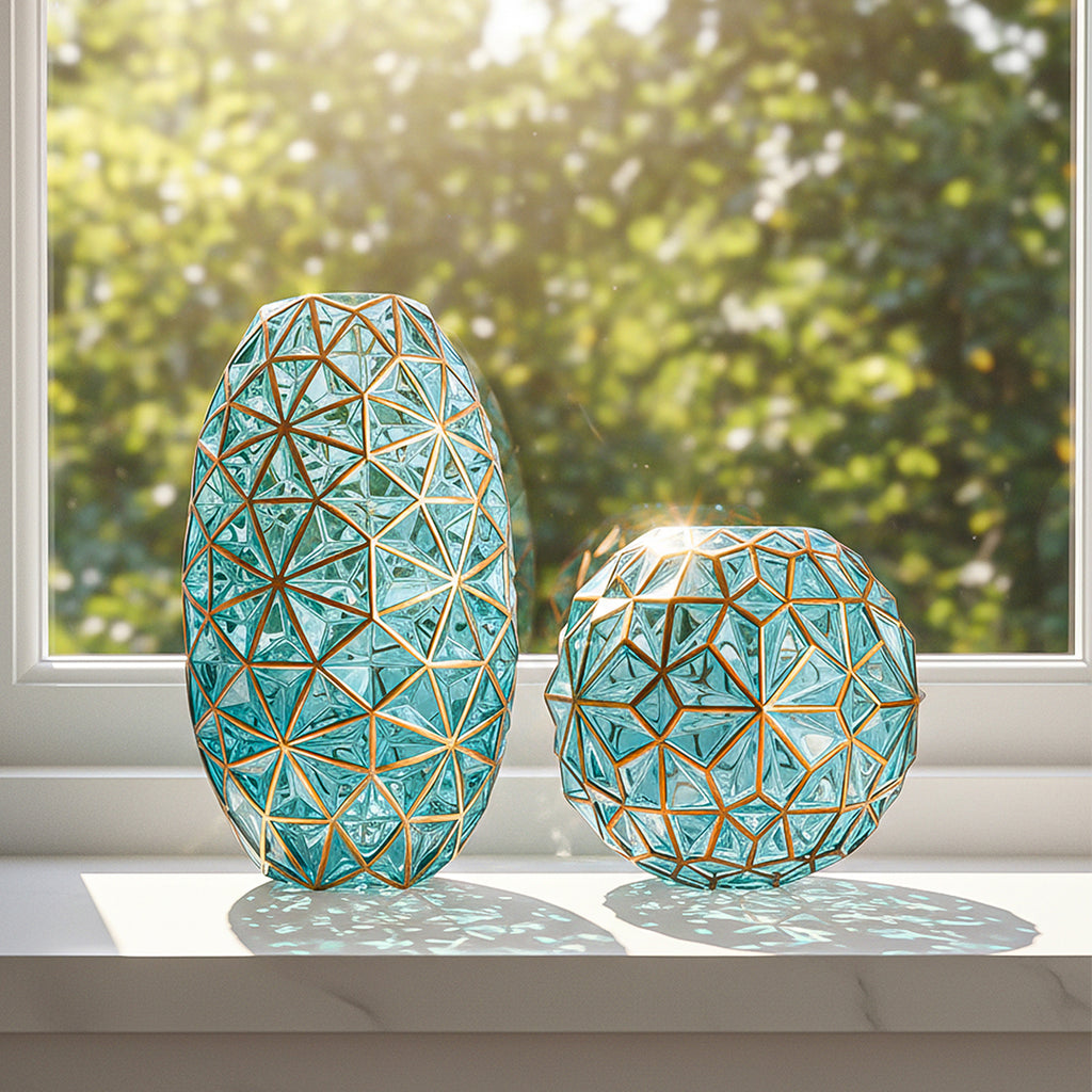 SOGA Green Colored Diamond Cut Glass Flower Vase Round Jar Home Decor with Gold Accent