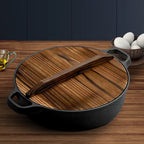 SOGA 2X 33cm Round Cast Iron Pre-seasoned Deep Baking Pizza Frying Pan Skillet with Wooden Lid