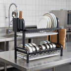 SOGA 2X 2 Tier Steel Black Kitchen Countertop Drying Dish Rack Plate Cutlery Cutting Board Holder Dish Drainer Kitchen Organiser