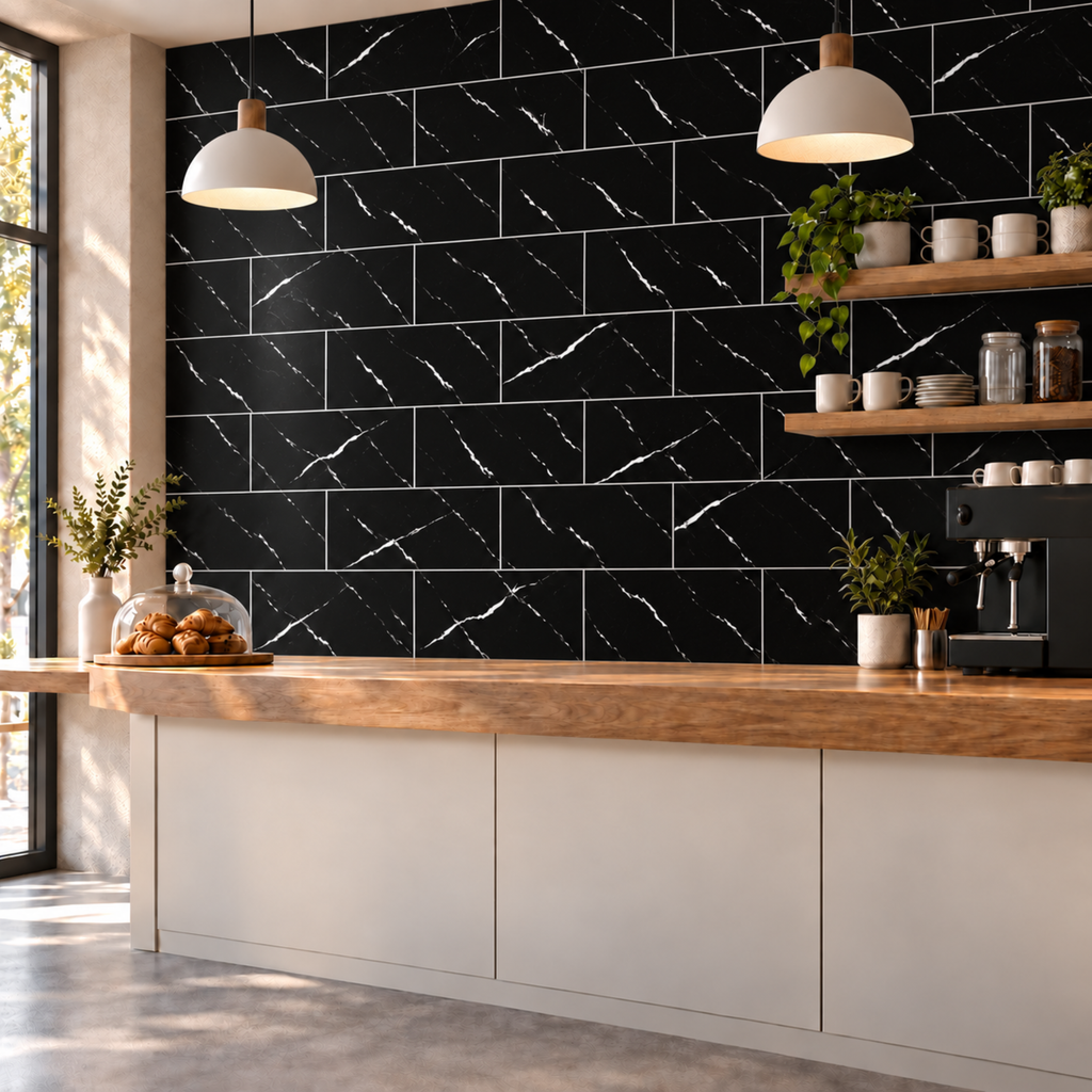 SOGA Peel & Stick Floor and Wall Tiles 30 x 30cm 10 Pack Black Faux Marble