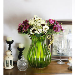 SOGA Green European Colored Glass Home Decor Jar Flower Vase with Metal Handle