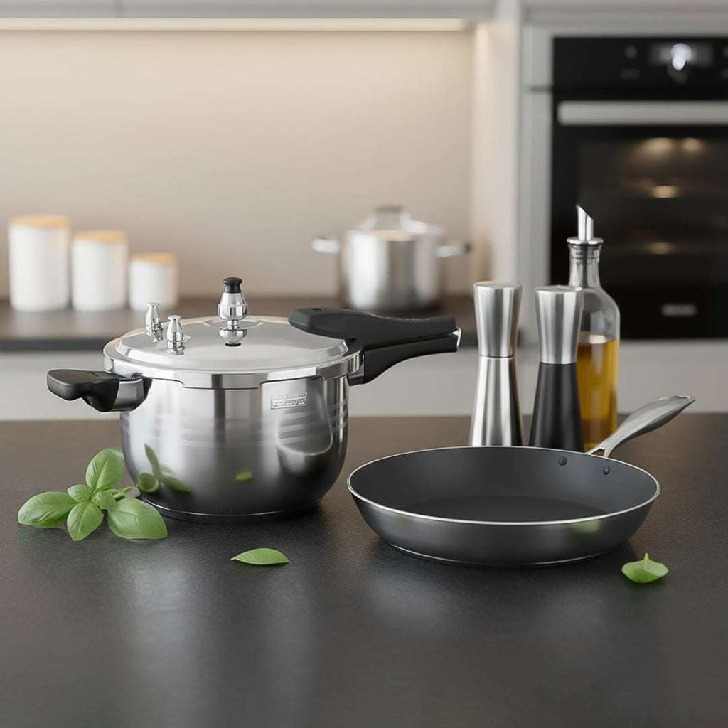 SOGA Kitchenware Bundle – 5L Stainless Steel Pressure Cooker & 28cm Non-Stick Fry Pan $ 215