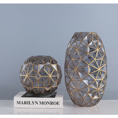 SOGA 2X Grey Colored Diamond Cut Glass Flower Vase Round Jar Home Decor with Gold Accent Large and Medium Set