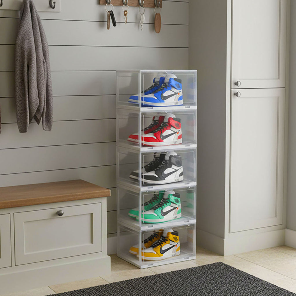 SOGA 5 Tier Transparent Portable Shoe Organiser Sneaker Footwear Folding Plastic Bin Stackable Storage Box with Magnetic Door