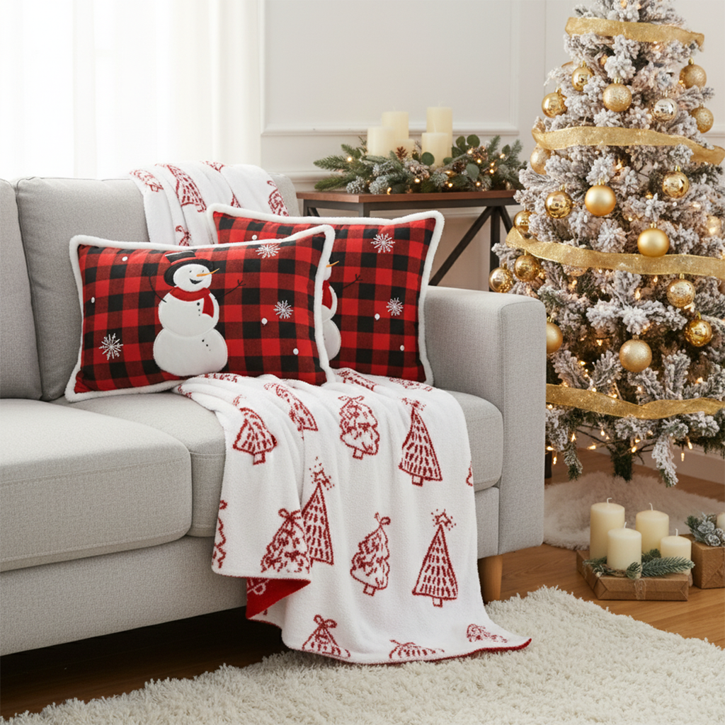 SOGA Christmas Bundle – 2 Red Snowman Lumbar Pillow & Red Christmas Tree Fleece Throw Blanket $ 200