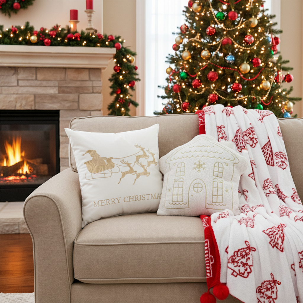 SOGA Christmas Bundle – Red Christmas Tree Fleece Throw & White Festive Holiday Pillows $ 215