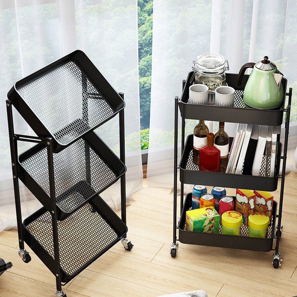 SOGA 2X 3 Tier Steel Black Bee Mesh Kitchen Cart Multi-Functional Shelves Storage Organizer with Wheels