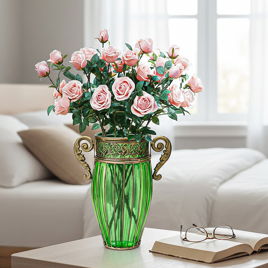 SOGA Green Glass Flower Vase with 8 Bunch 5 Heads Artificial Fake Silk Rose Home Decor Set