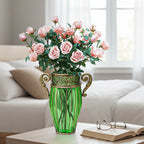 SOGA Green Glass Flower Vase with 8 Bunch 5 Heads Artificial Fake Silk Rose Home Decor Set