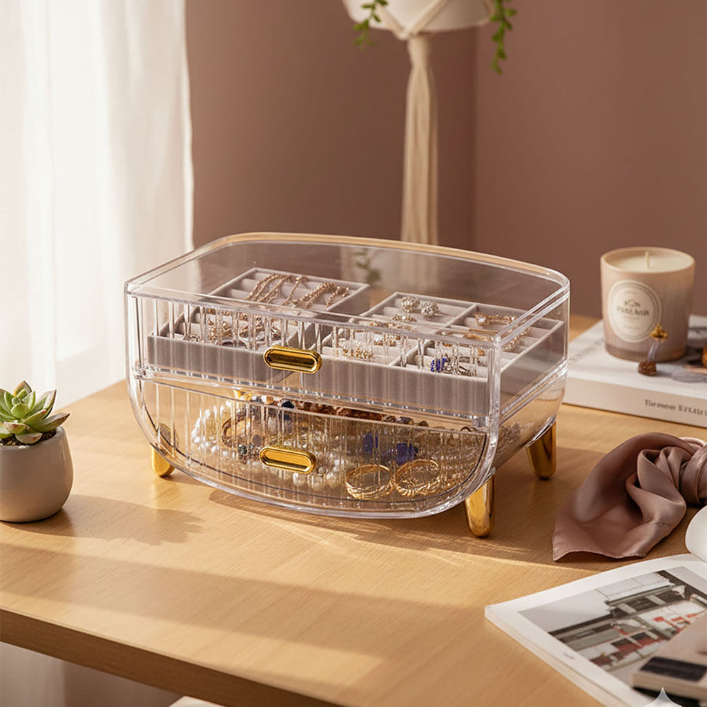 SOGA 2 Tier Transparent Multifunctional Countertop Cosmetic Storage Makeup Skincare Holder Jewelry Cabinet Bathroom Desk Drawer Vanity Organiser