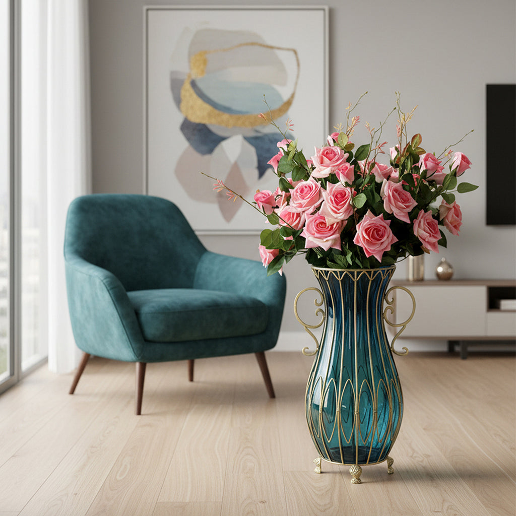 SOGA 51cm Blue Glass Tall Floor Vase with 12pcs Pink Artificial Fake Flower Set
