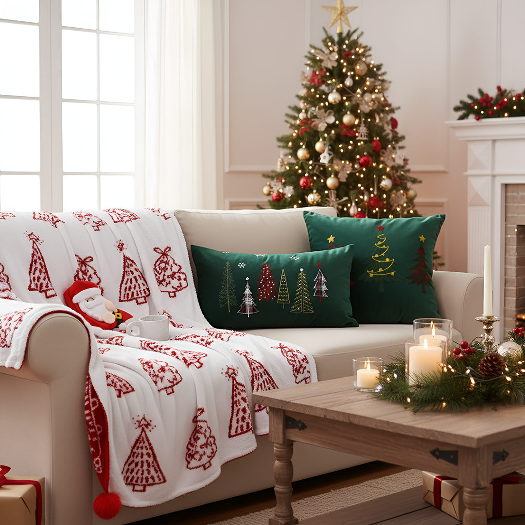 SOGA Christmas Bundle – Red Christmas Tree Fleece Throw & Green Embroidered Holiday Pillows $ 203