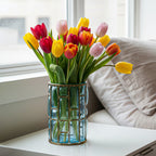 SOGA Blue Colored European Glass Cylinder Flower Vase with Gold Metal Pattern