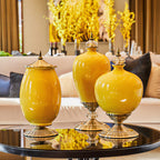 SOGA 3x Ceramic Oval Flower Vase with White Flower Set Yellow