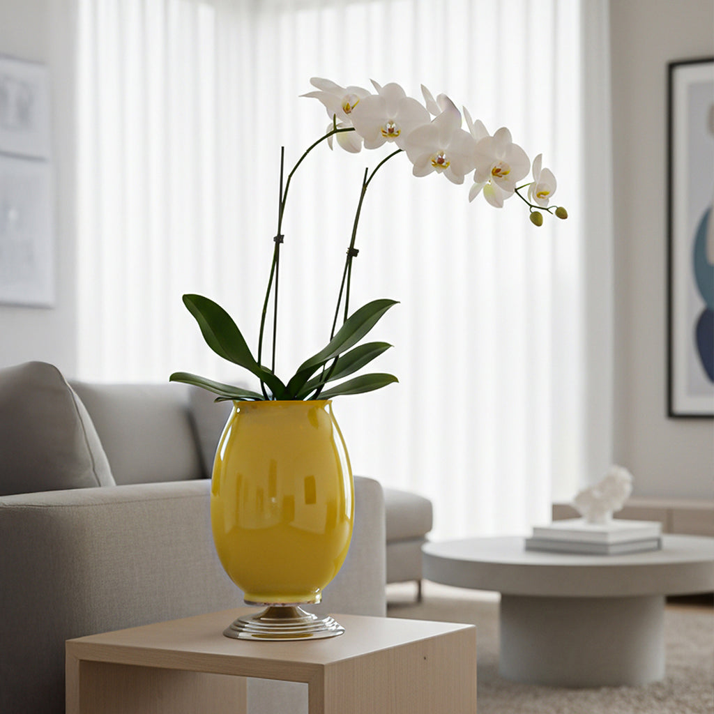 SOGA 40cm Ceramic Oval Flower Vase with Gold Metal Base Yellow