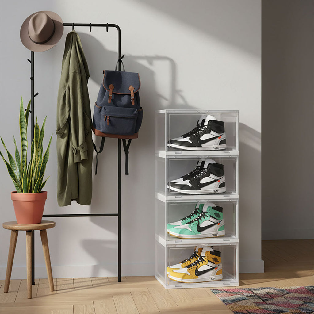 SOGA 2X 4 Tier Transparent Portable Shoe Organiser Sneaker Footwear Folding Plastic Bin Stackable Storage Box with Magnetic Door