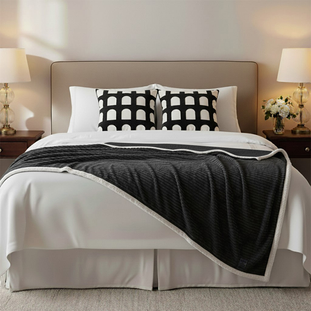 SOGA Home & Living Bundle – 2 Black White Geometric Pillow & Cozy Black Flannel Throw Blanket
