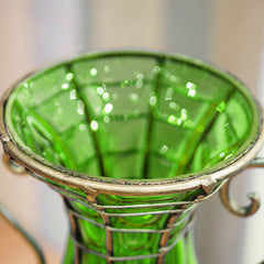 SOGA Green Colored Glass Flower Vase with 6 Bunch 5 Heads Artificial Fake Silk Rose Home Decor Set
