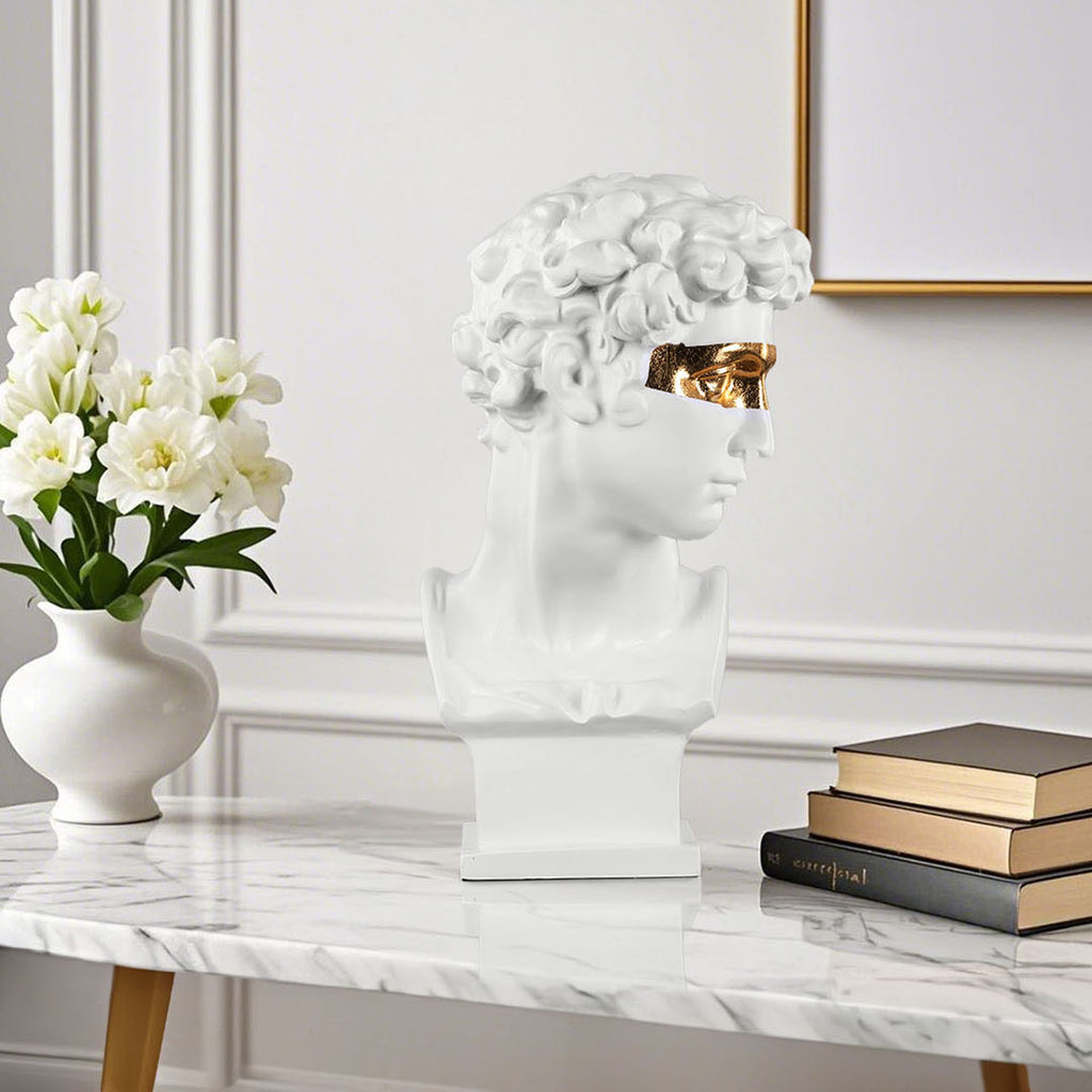 SOGA 56cm White Resin Bust – Gold Masked Sculpture for Modern Decor
