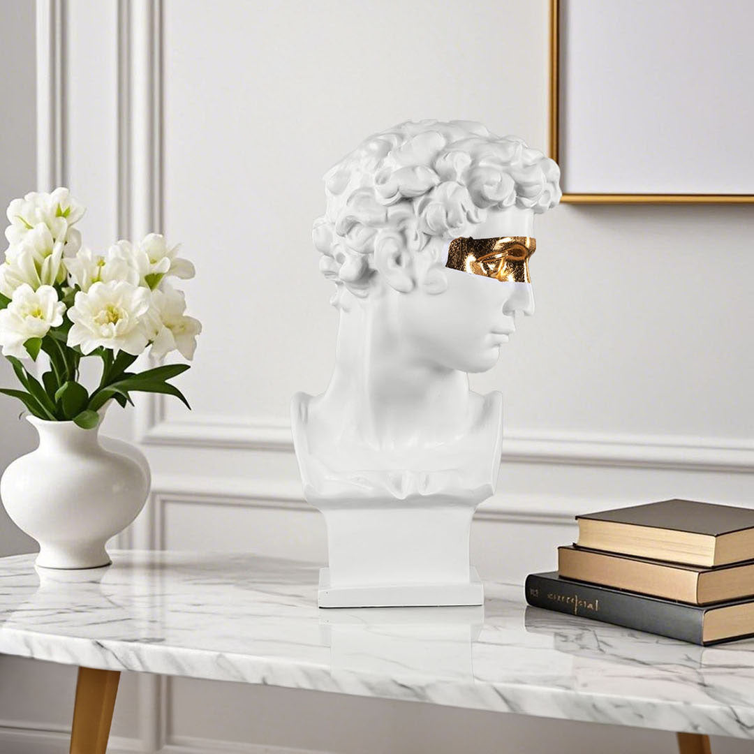 SOGA 56cm White Resin Bust – Gold Masked Sculpture for Modern Decor