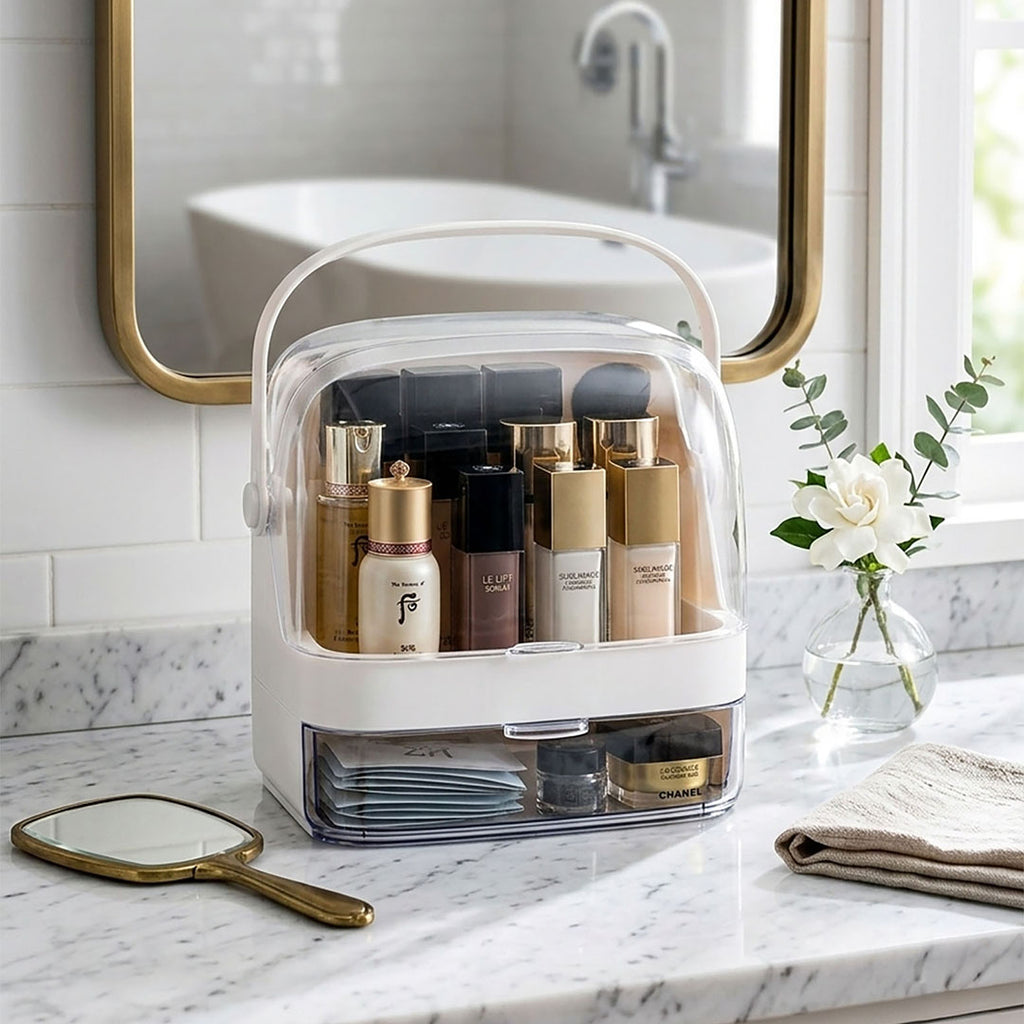 SOGA 2 Tier White Countertop Makeup Cosmetic Storage Organiser Skincare Holder Jewelry Storage Box with Handle