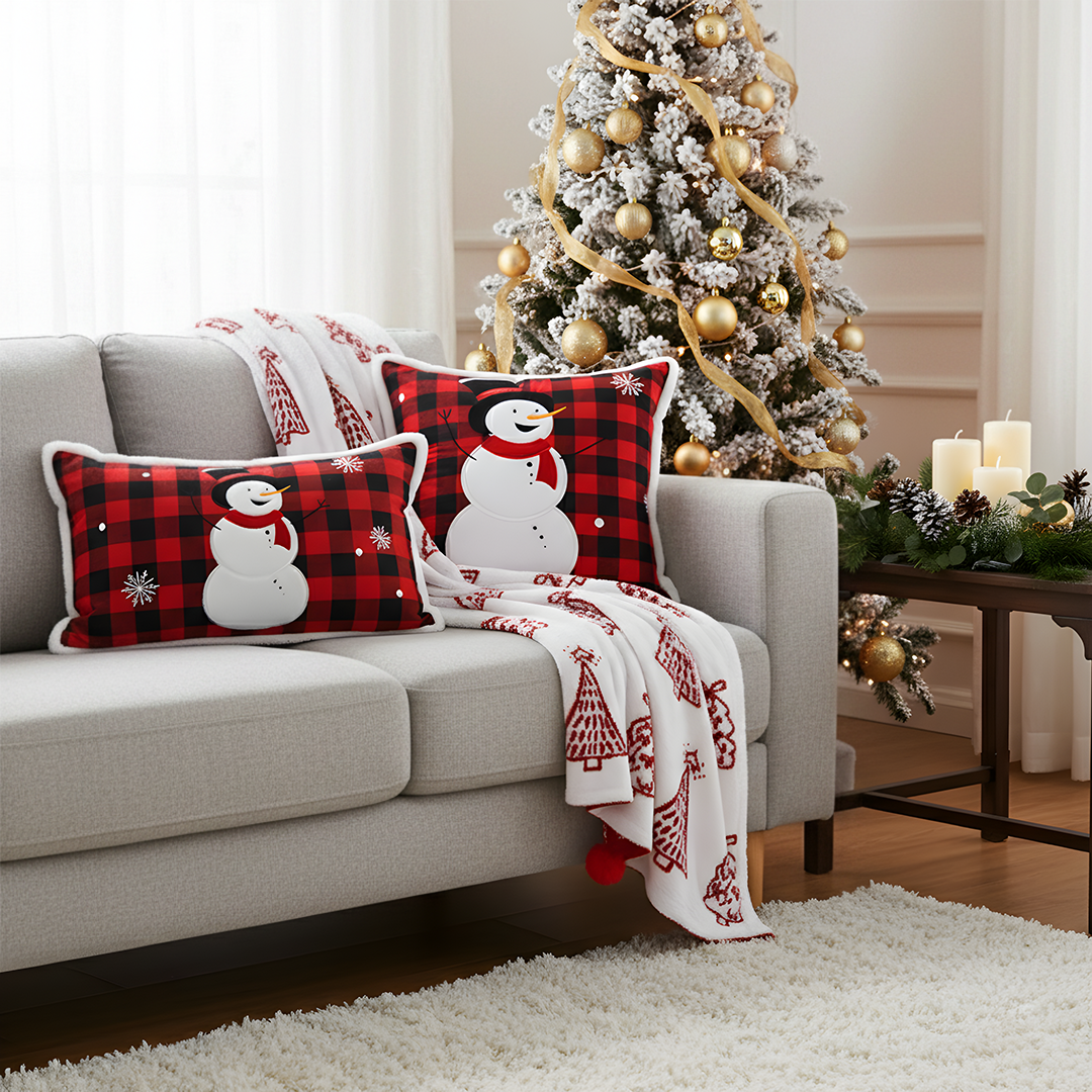 SOGA Christmas Bundle – Red Christmas Tree Fleece Throw & Red Snowman Holiday Pillows $ 200