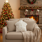 SOGA Christmas Bundle – 2 Khaki Wabi-Sabi & White Christmas House Pillows with Beige Knitted Throw $ 257