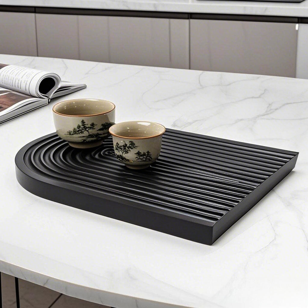 SOGA 32cm Black Ribbed Wooden  - Premium Beech Wood Decorative Tray