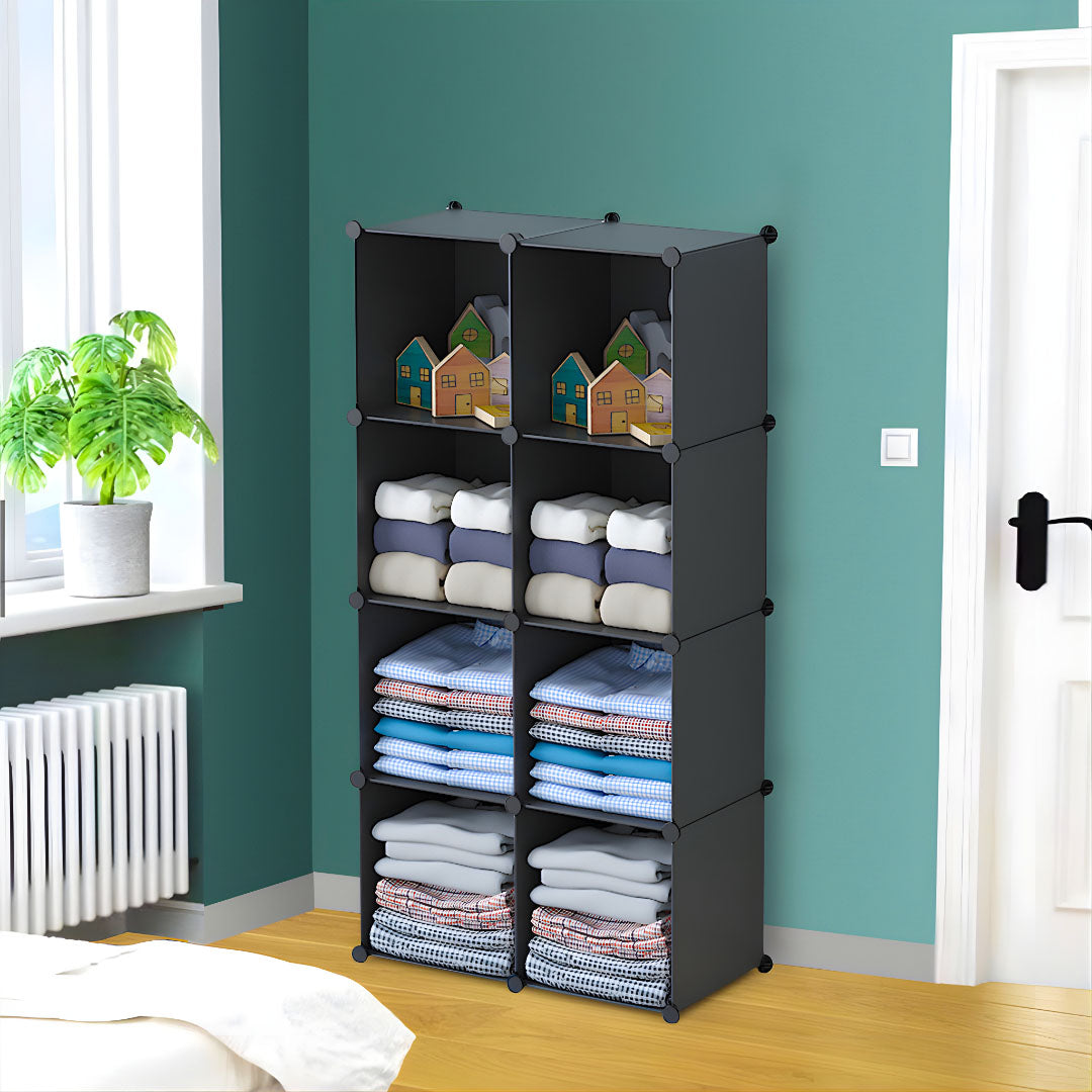 SOGA 4 Tier 8-Cube Black Portable Wardrobe Divide-Grid Modular Storage Organiser Foldable Closet