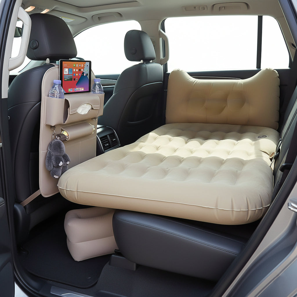 SOGA Car Bundle E – White Back Seat Storage Organizer & Beige Honeycomb Inflatable Mattress