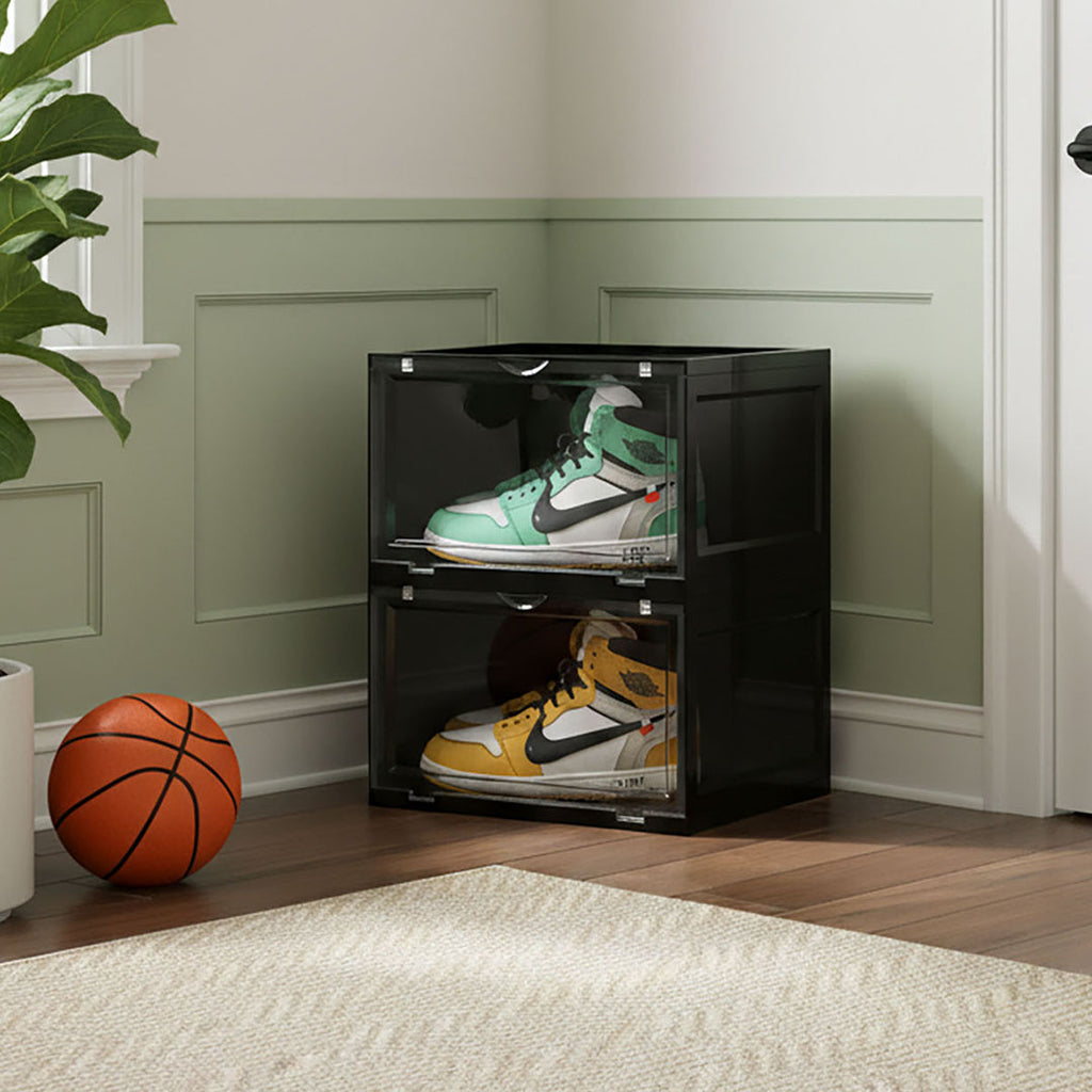 SOGA 2 Tier Black Portable Shoe Organiser Sneaker Footwear Folding Plastic Bin Stackable Storage Box with Magnetic Door