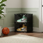 SOGA 2 Tier Black Portable Shoe Organiser Sneaker Footwear Folding Plastic Bin Stackable Storage Box with Magnetic Door