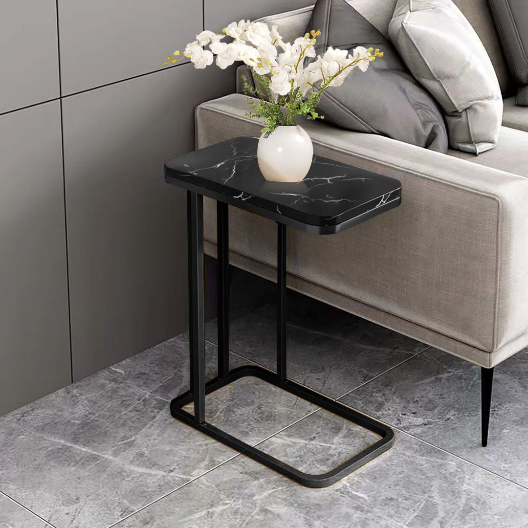 SOGA 2X 30x50cm Black Stone-Patterned Side Table with Black Metal Legs