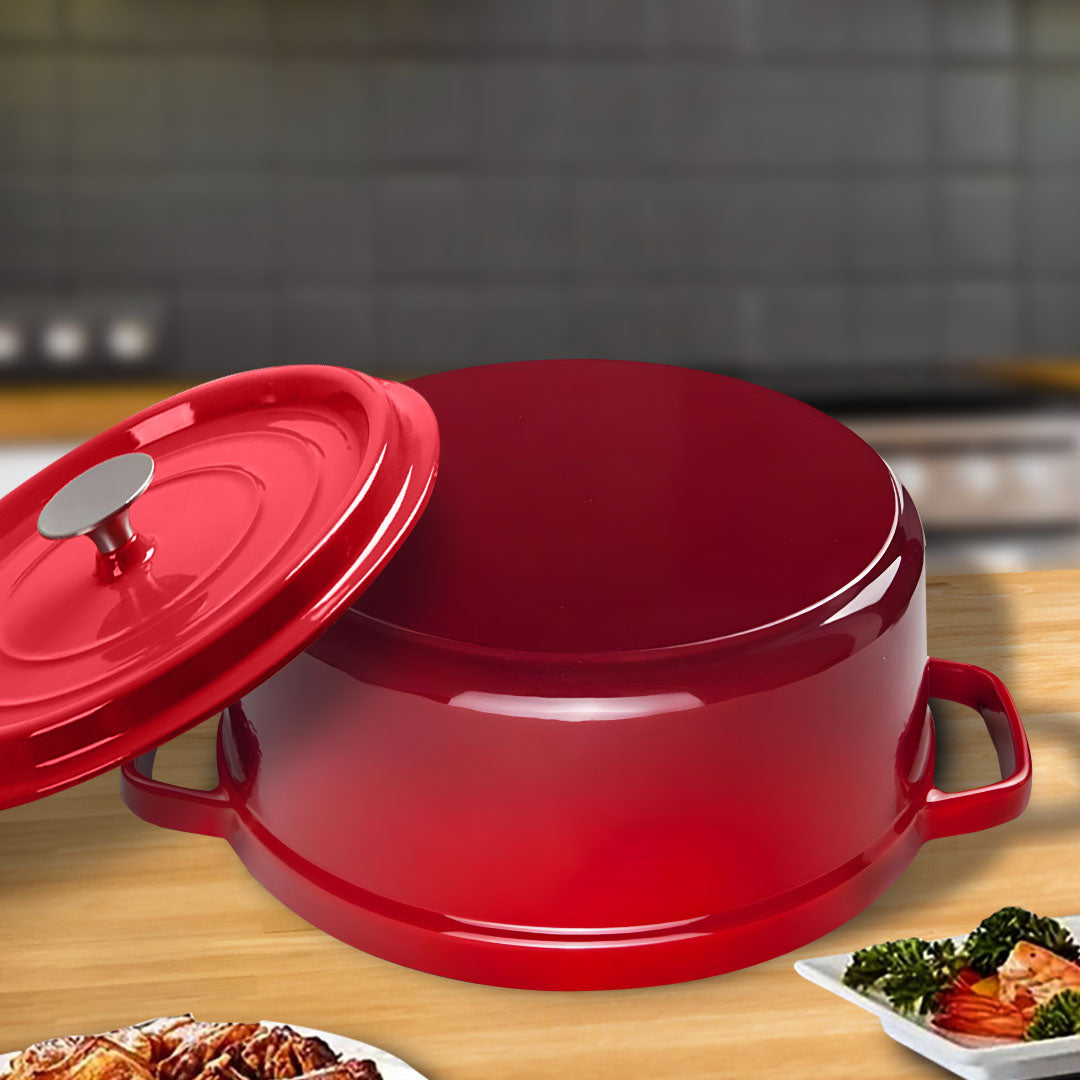 SOGA Cast Iron Enamel Porcelain Stewpot Casserole Stew Cooking Pot With Lid 5L Red 26cm