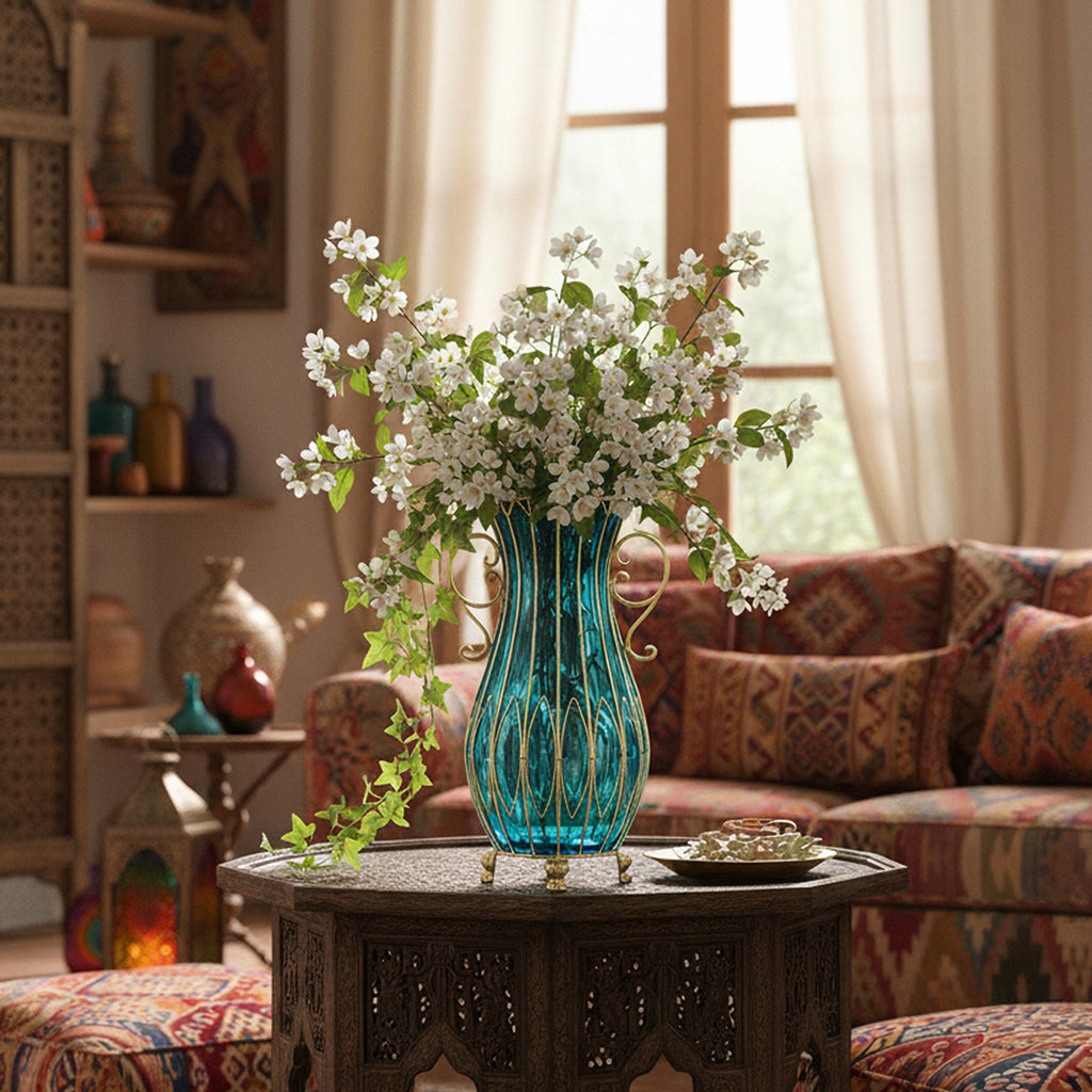 SOGA 51cm Blue Glass Oval Floor Vase with Metal Flower Stand