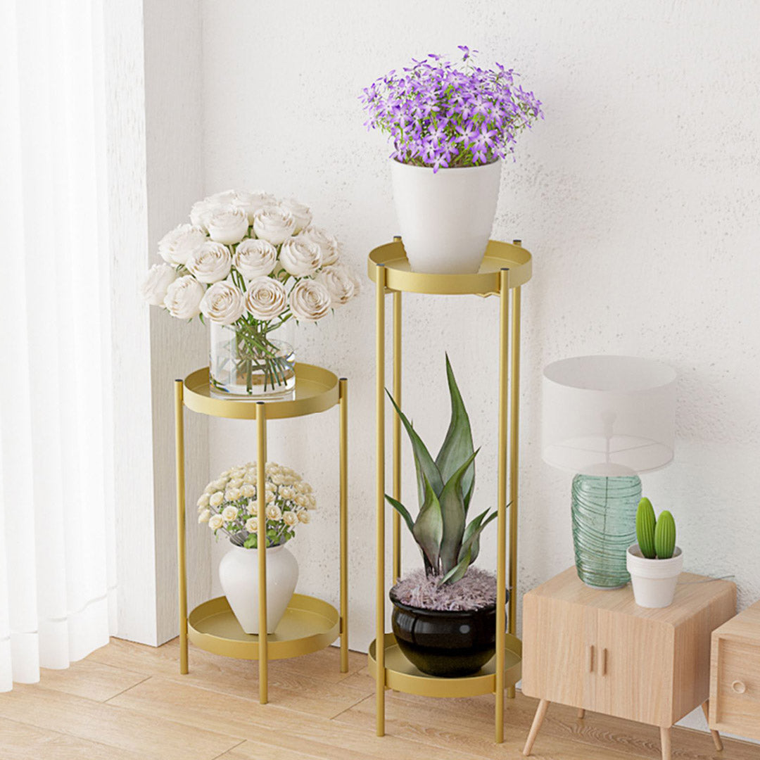 SOGA 2X 2 Layer 80cm Gold Metal Plant Stand Flower Pot Holder Corner Shelving Rack Indoor Display