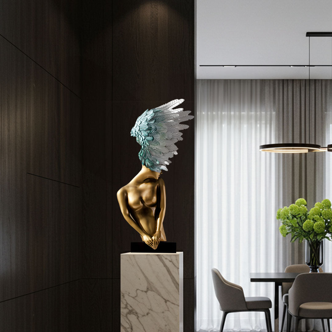 SOGA 86cm Gold Sculpture – Winged Resin Decor with Black Marble Base