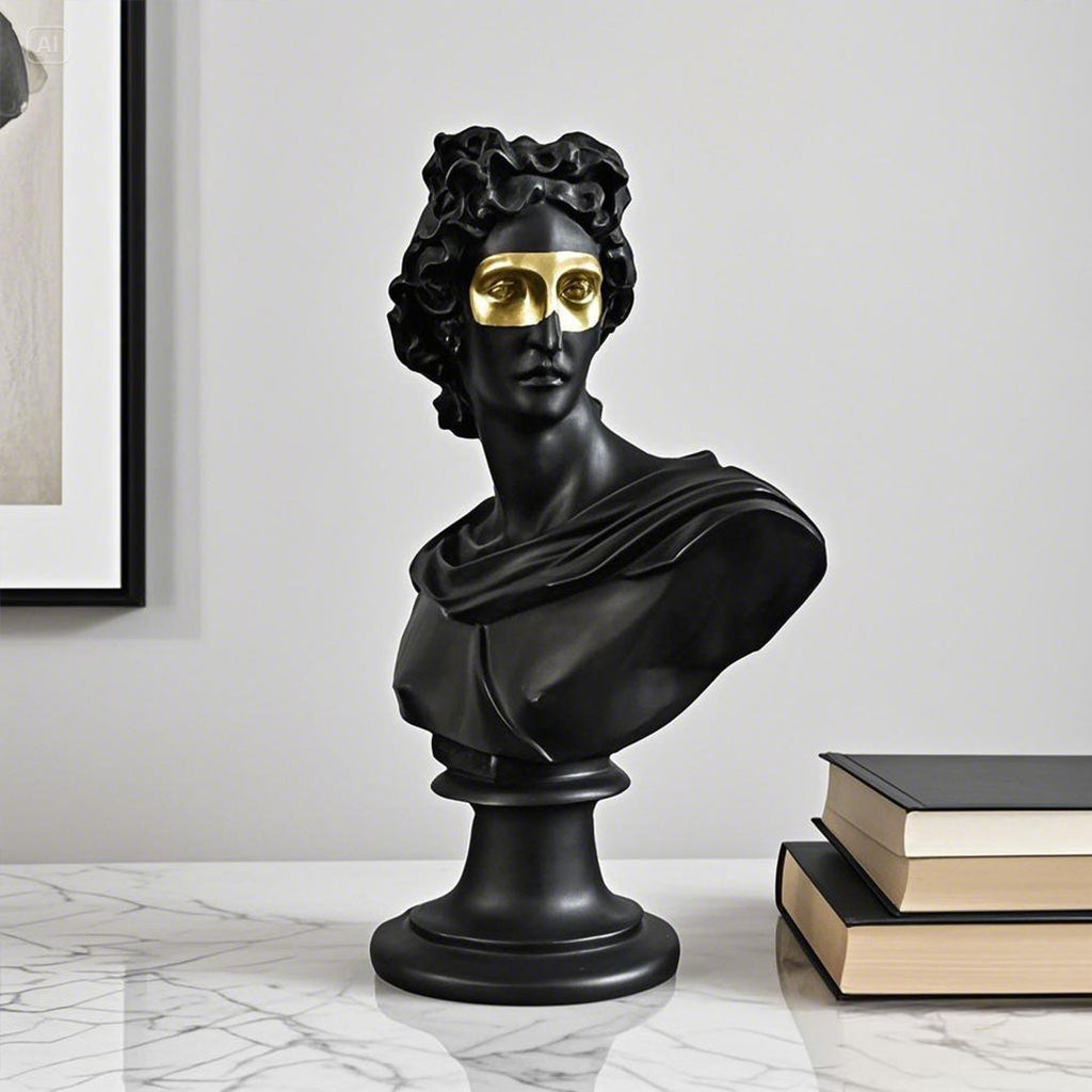 SOGA 40cm Black Classical Bust Resin Sculpture with Gold Eye Mask