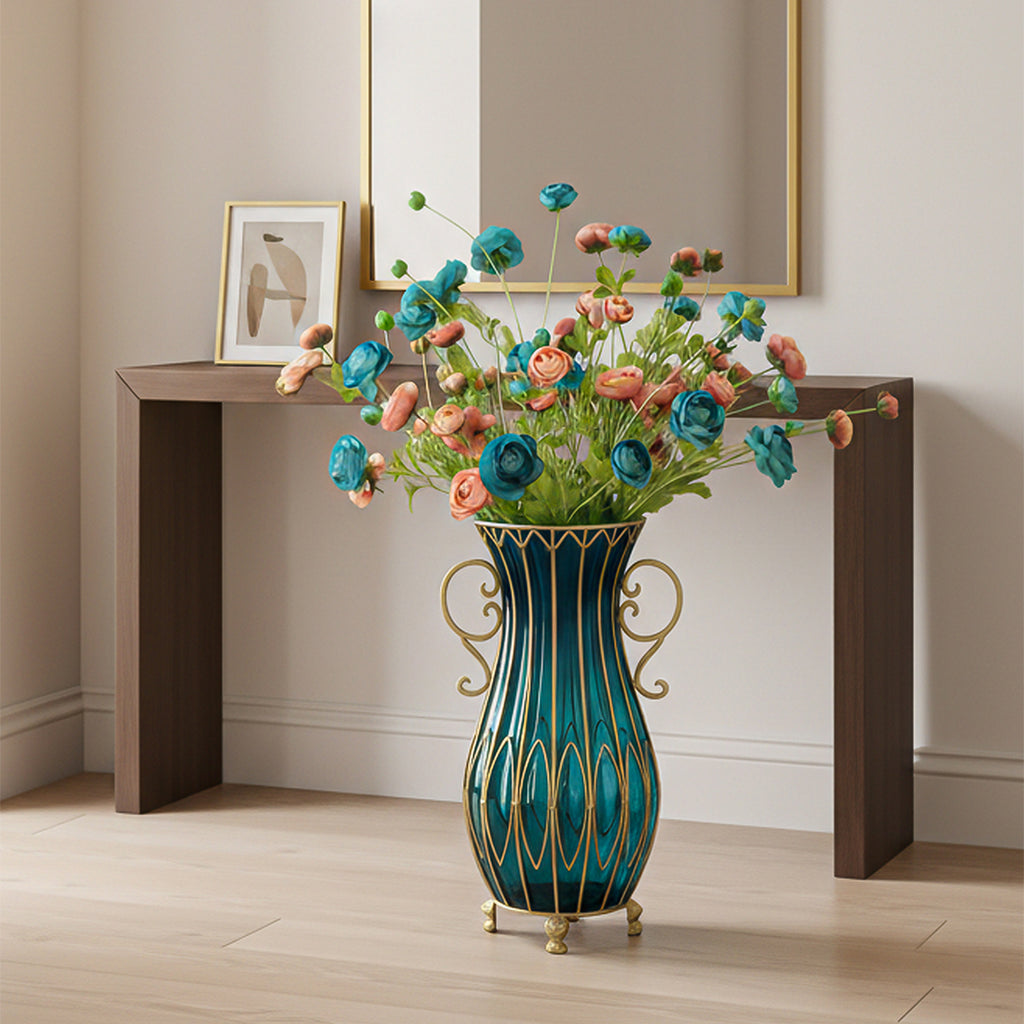 SOGA 51cm Blue Glass Tall Floor Vase with 12pcs Artificial Fake Flower Set