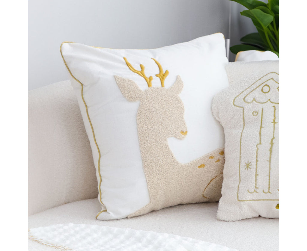 SOGA 45cm Whimsical Beige Reindeer Applique Gold Accent Throw Pillow